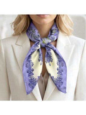 ⭐Elegant Silky Square Scarf Bandana Lavender Peony Floral Print PURPLE Luxury⭐